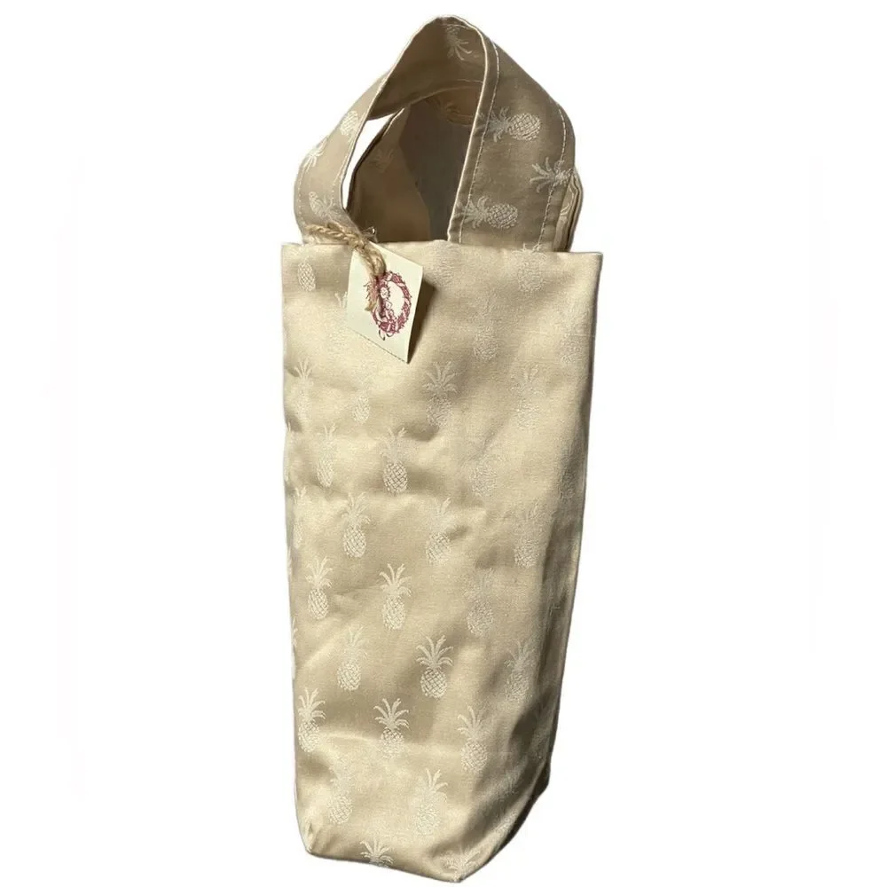Handmade Cream Colored Cloth Wine Bottle Gift Bag w/Pineapple Designs